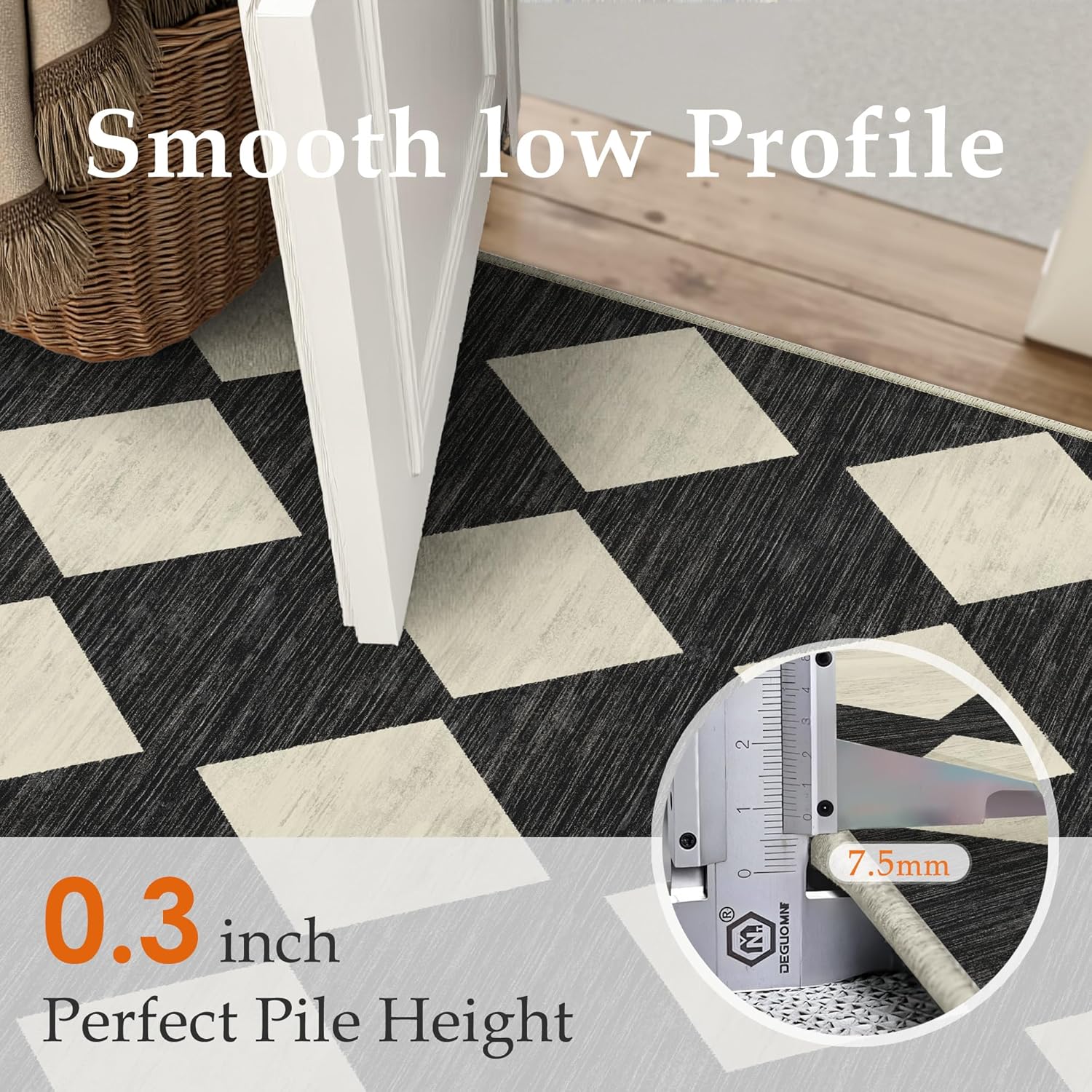 PureCozy 2x8 Runner Checkered Rug for Hallways Black Washable Long Carpet Non-Slip Low Pile Boho Indoor Accent Throw Rug for Entrance Kitchen Bedroom Dining Laundry