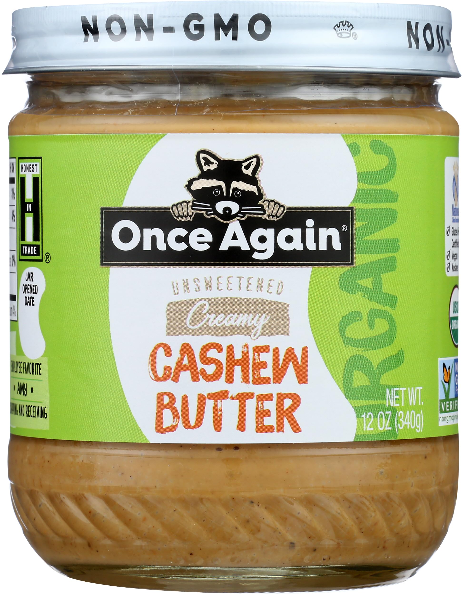 Once Again Organic Creamy Cashew Butter, 12oz- Unsweetened - USDA Organic, Gluten free Certified, Vegan, Kosher, Peanut Free - Glass Jar