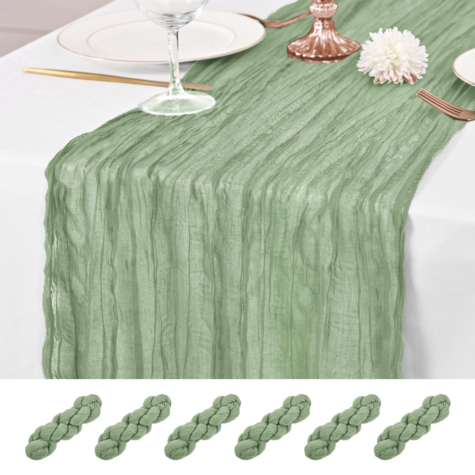 6 Pcs Sage Green Table Runner 10Ft Cheesecloth Table Runner 21x120 inch Rustic Gauze Table Runners Romantic Long Sheer Fabric Cheese Cloth Table Runners for Wedding Party Bridal Baby Shower