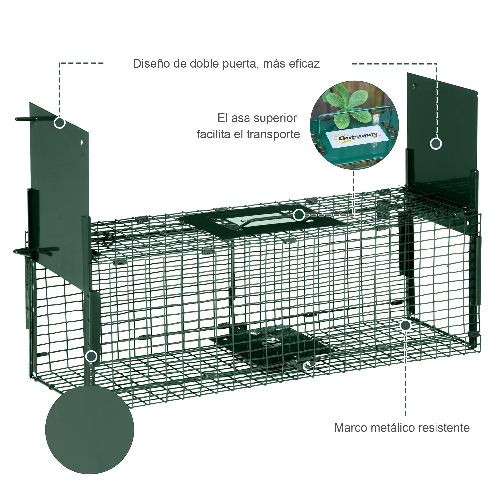 Outsunny Trampa para Animales Vivos 60x18x20 cm Jaula Trampa para Gatos con 2 Puertas Asa y Marco de Acero para Ratones Roedores Verde