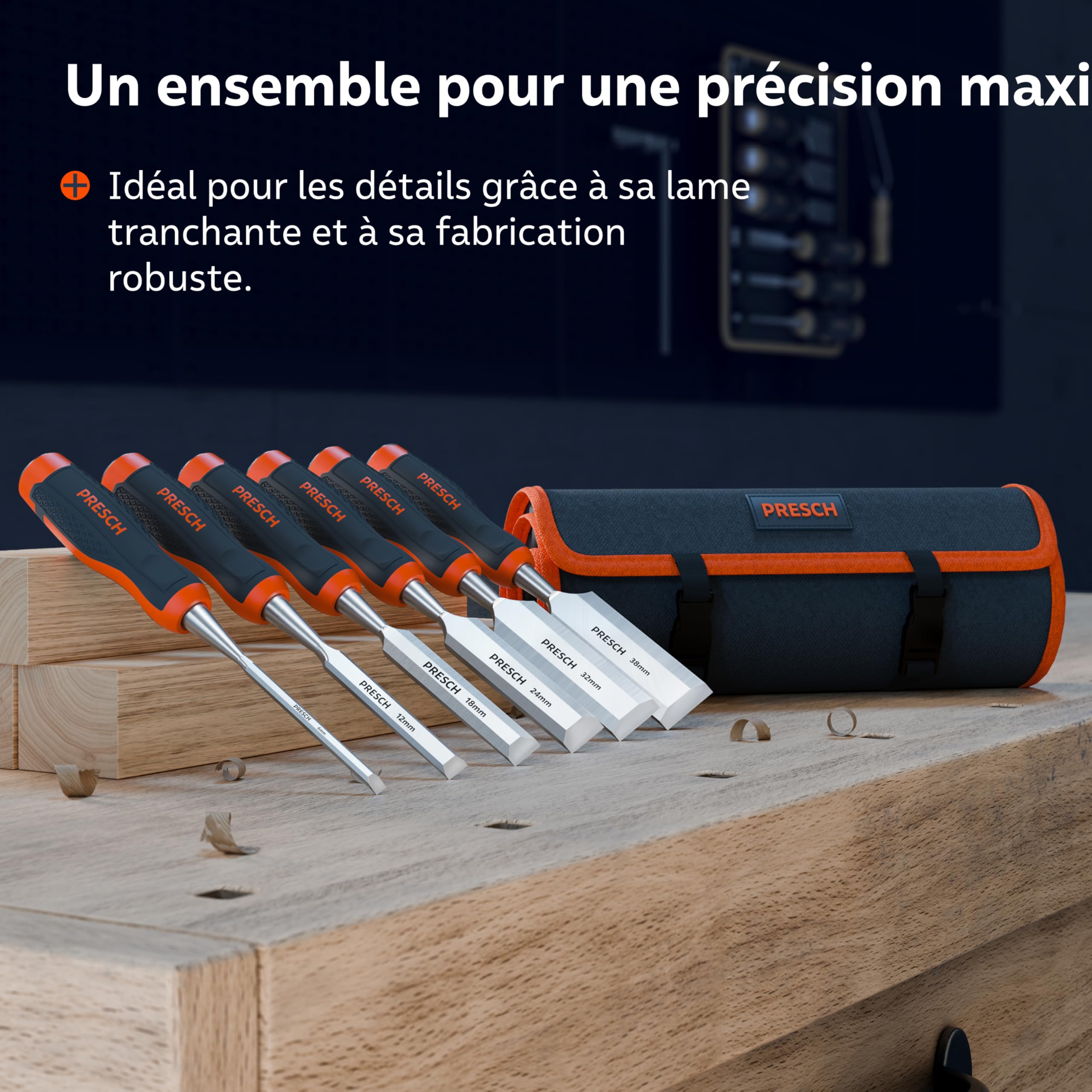 Presch Ciseaux à bois 6pcs avec sacoche 6-38mm angle 25° capuchon métallique robuste