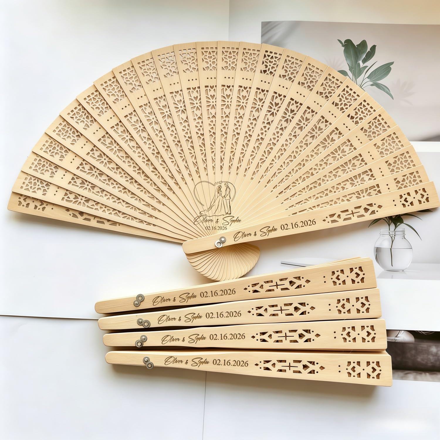 10/20/30PCS Custom Wooden Hand Fan, Personalized Engraved Name & Date Hollow Folding Fans, Wedding Reception Decor Gift for Bride, Bridesmaids, Guests(80PCS)