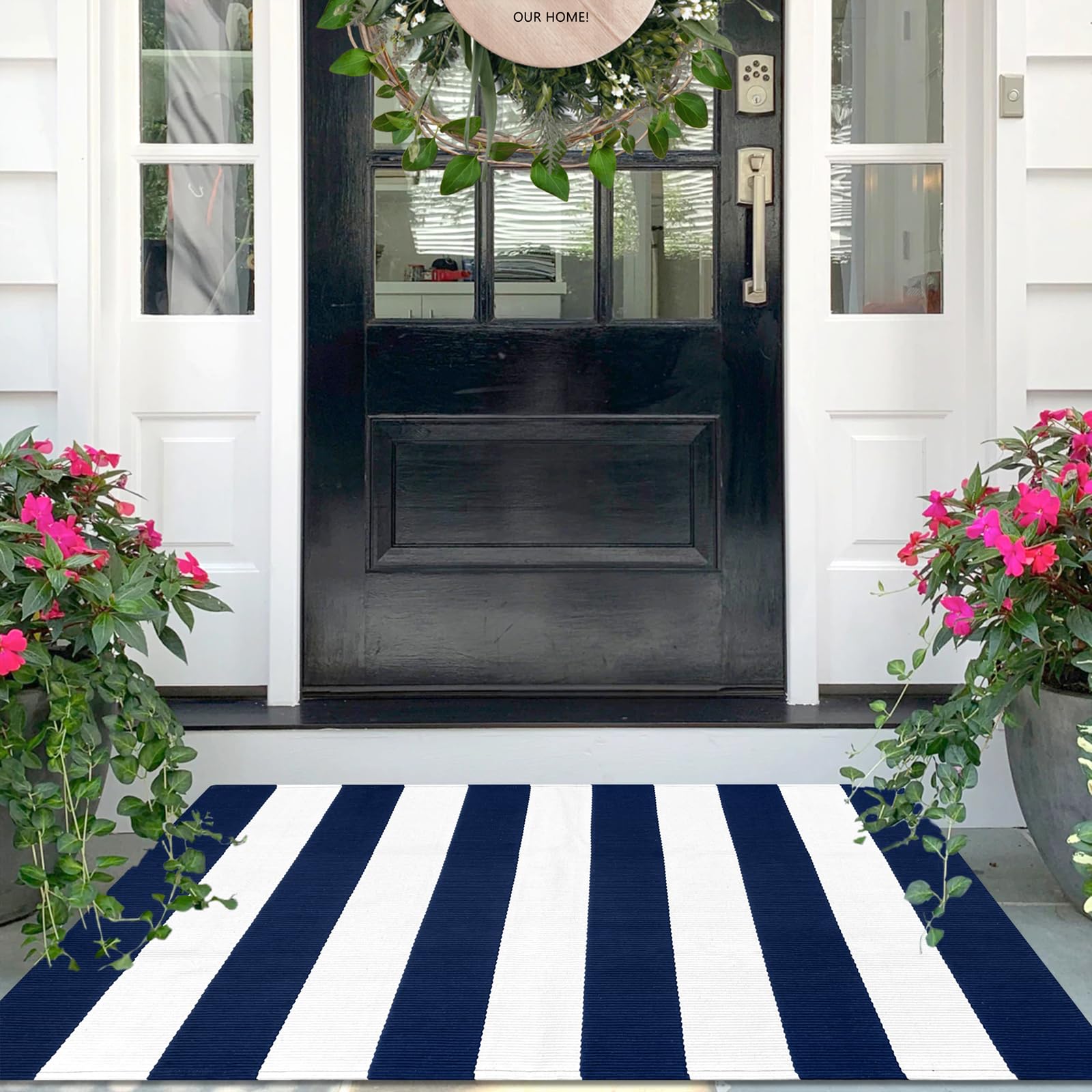 IOHOUZE Navy White Striped Rug -3x5 Front Door Mats Outdoor,Washable Rug for Front Porch Decor,Spring Summer Welcome Mats Outdoor Indoor, Doormat for