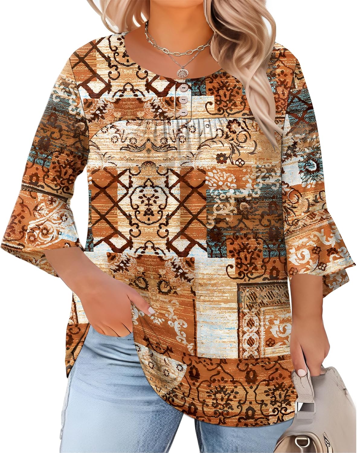 Rapbin Plus Size Tops for Women 3/4 Ruffle Sleeve Crew Neck Button Down Pleated Blouses Casual Fashion Tunic (1X-5X)