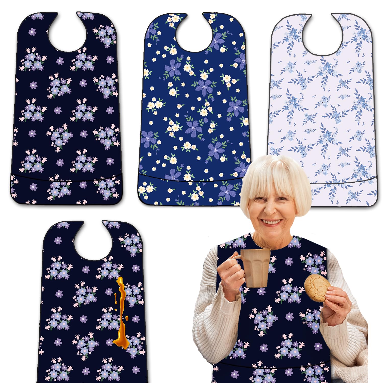 3 Pack Adult Bibs with Crumb Catcher, Washable and Adjustable Bibs for Women, Men & Seniors