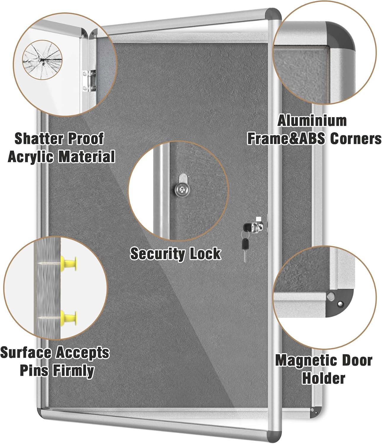 Mifuro 38"x28" Enclosed Bulletin Board, Lockable Weather-Resistant Aluminum Cork Noticeboard for School & Office, Silver Frame w/Grey Flet