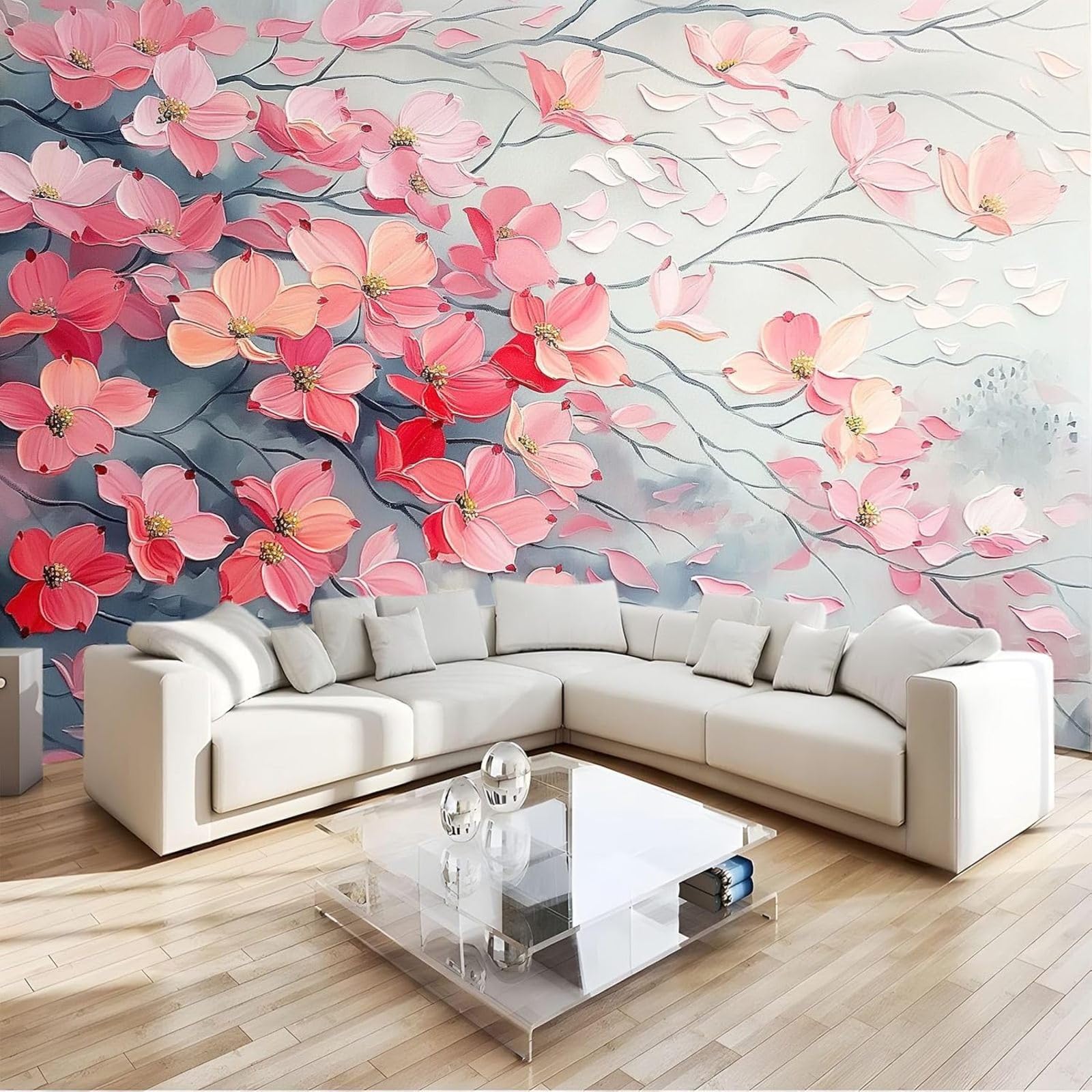 hgjdjhnf Photo Wallpaper Red Dogwood Blossoms Painted Wall Mural Wall Decor Design Patterned Wallpaper Wall Decoration Living Room Bedroom Office Hallway, Pink, 250cm x 175cm