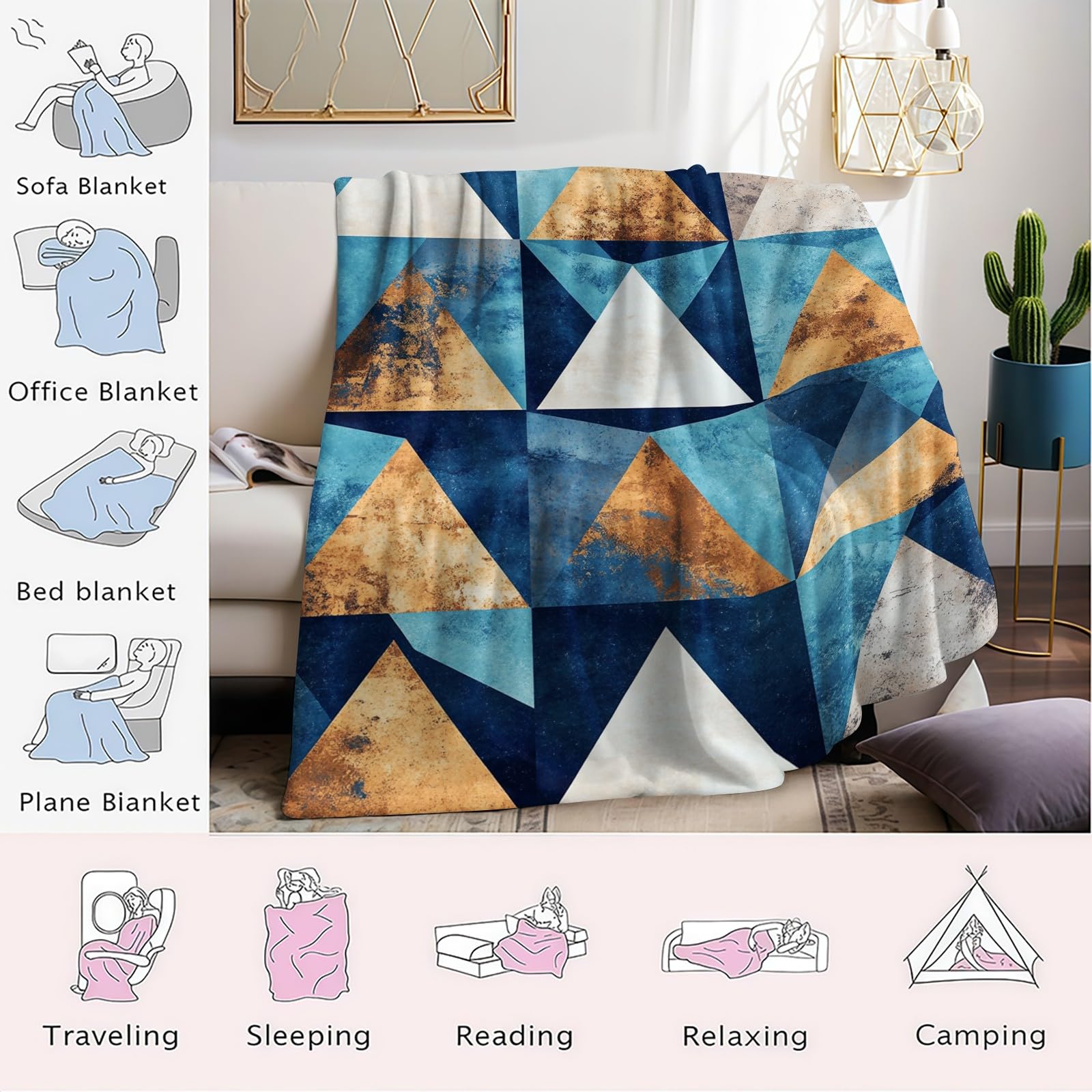 Coperta Modelli geometrici astratti 220 x 240 cm Stampa Plaid Pile Flanella Morbida Calda Coperta Soffice per Divano Camera da Letto Ufficio e Viaggi, blu