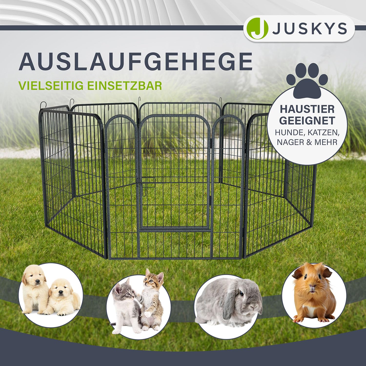 Juskys Welpenauslauf Plus 160x160x80 cm - Welpenlaufstall 8-teilig aus Metall - Freigehege mit Tür - Welpengitter für Hunde, Hasen & Kleintiere