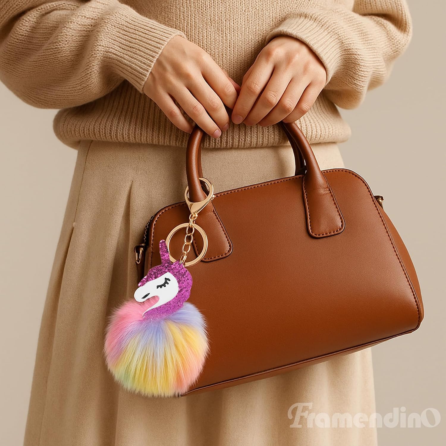 Framendino, 6 Pack Animal Pom Pom Keychain Cute Faux Fur Fluffy Fuzzy Keychain Ball for Girls Women Bag Accessories