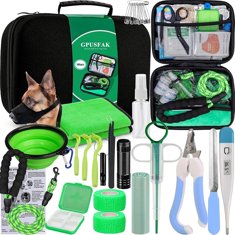 Kit de Primeiros Socorros para Cães GPUSFAK para Viagens, Trilhas e Acampamentos Verde