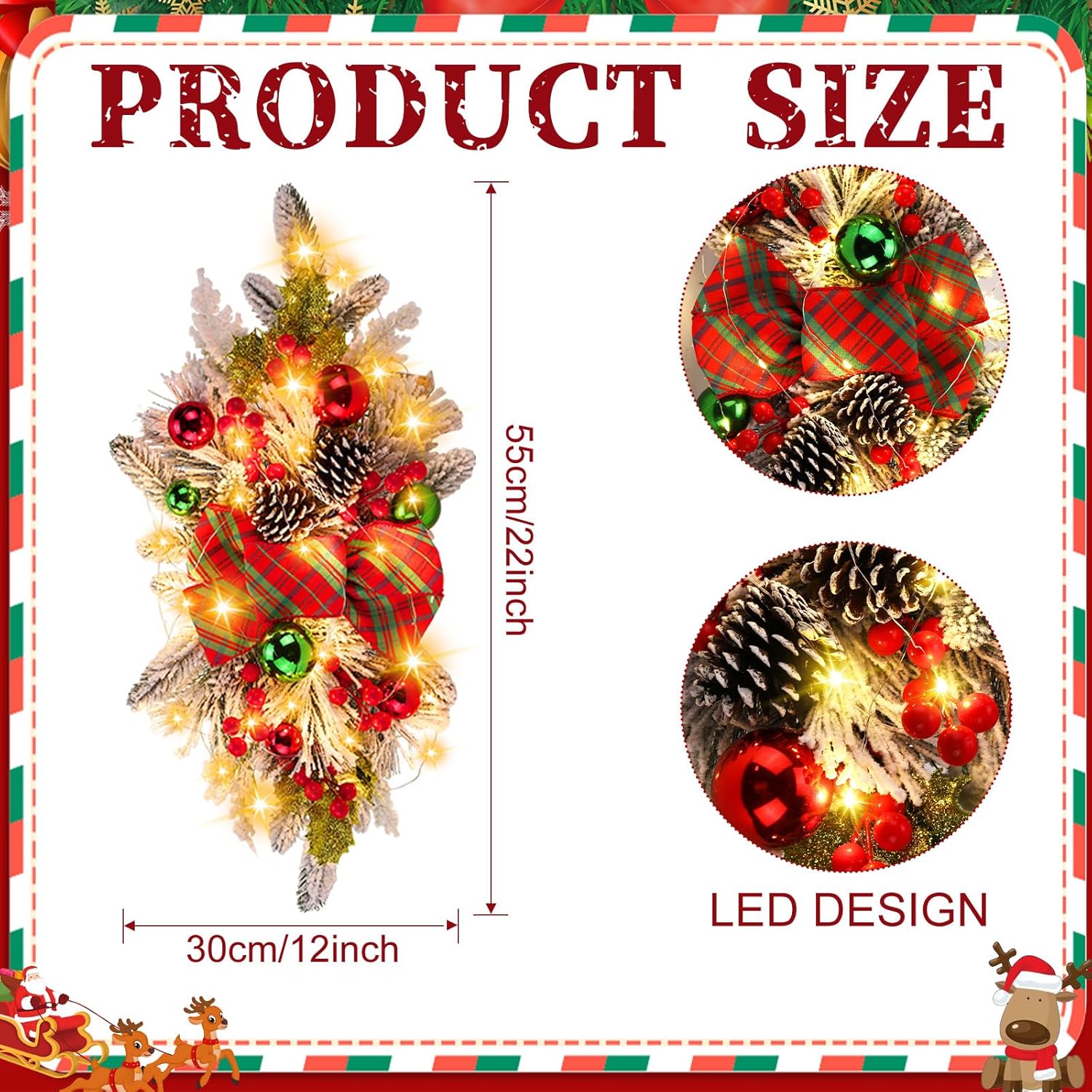 Lyrow 4 Pcs Cordless Prelit Christmas Artificial Swags 24" Xmas Stairway Swag Teardrop Trim Christmas Staircase Decoration Battery Operated Garland Indoor Outdoor Railing Decor(Classic Style)