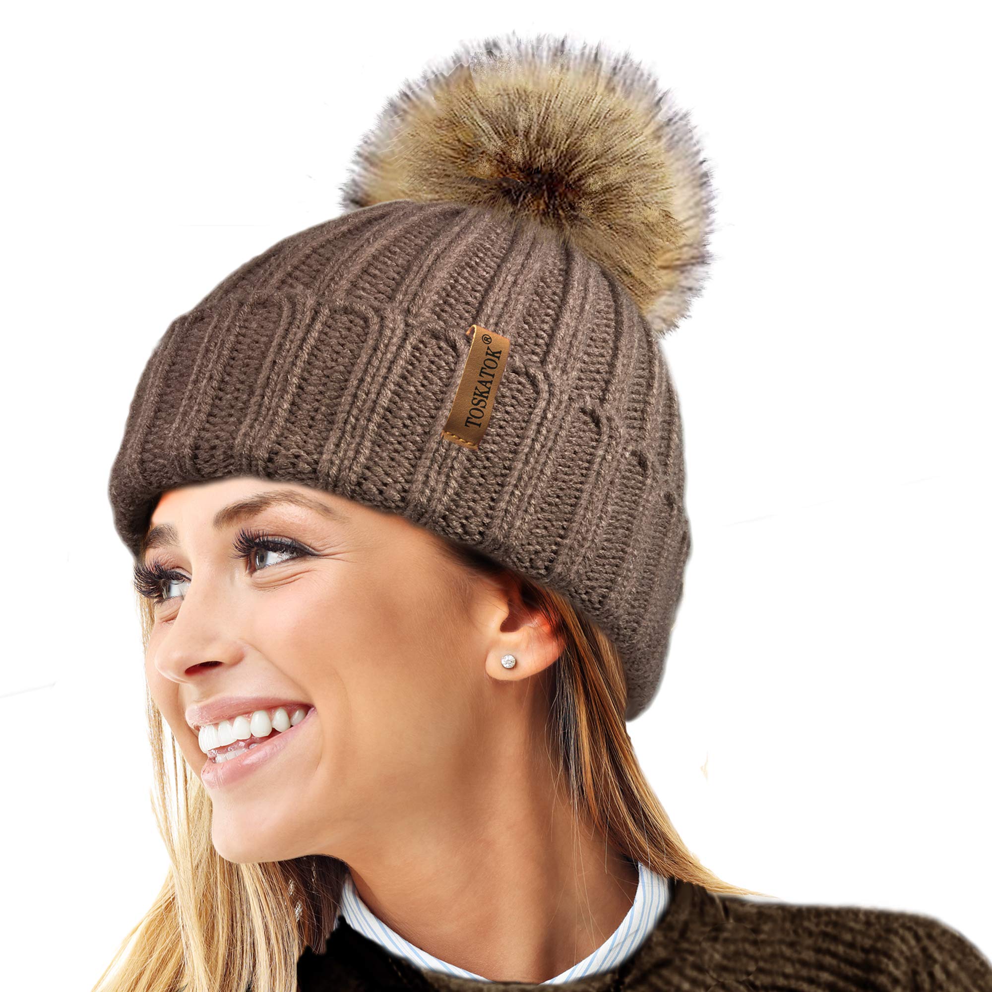 TOSKATOK®Womens Warm Winter Hat Woolly Knitted Beanie with Detachable Chunky Faux Fur Bobble Pom Pom-Mink