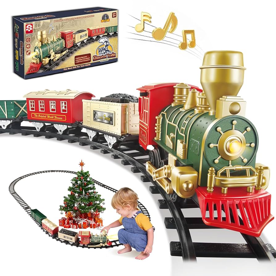 Electric Train Set For Boys And Girls - Christmas Train Set With Real Smoke, Sounds & Lights - Classic Toy Train With Steam Locomotive Engine - Includes 3 Train Cars And