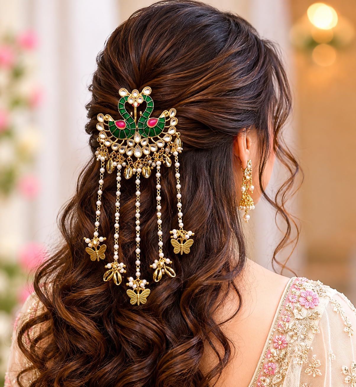 Peacock Hair Brooch for Women | Traditional Kundan Pearl Hair Accessory | Bridal Juda Pin | Ethnic Peacock Hair Jewellery for Wedding Peacock Hair Brooch for Women | Traditional Kundan Pearl Hair Accessory | Bridal Juda Pin | Ethnic Peacock Hair Jewellery for Wedding