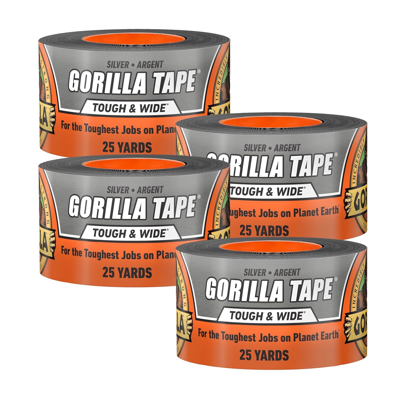 Gorilla Tape Tough & Wide, Silver Tape, 2.88" x 25 yd (Pack of 4) - Heavy Duty and Weather Resistant for Indoor or Outdoor