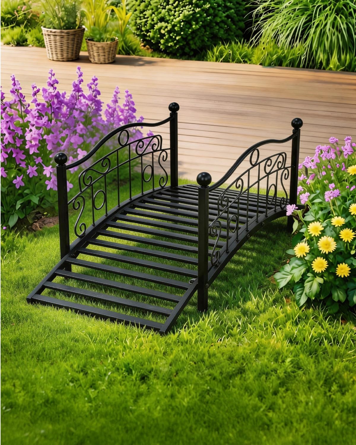 Outvita Metal Garden Bridge for Outdoor, Elegant Decorative Bridge with Powder-Coated Finish and Security Guardrail for Patio Pond Backyard Landscaping (3.3ft-Flat Top-Black)