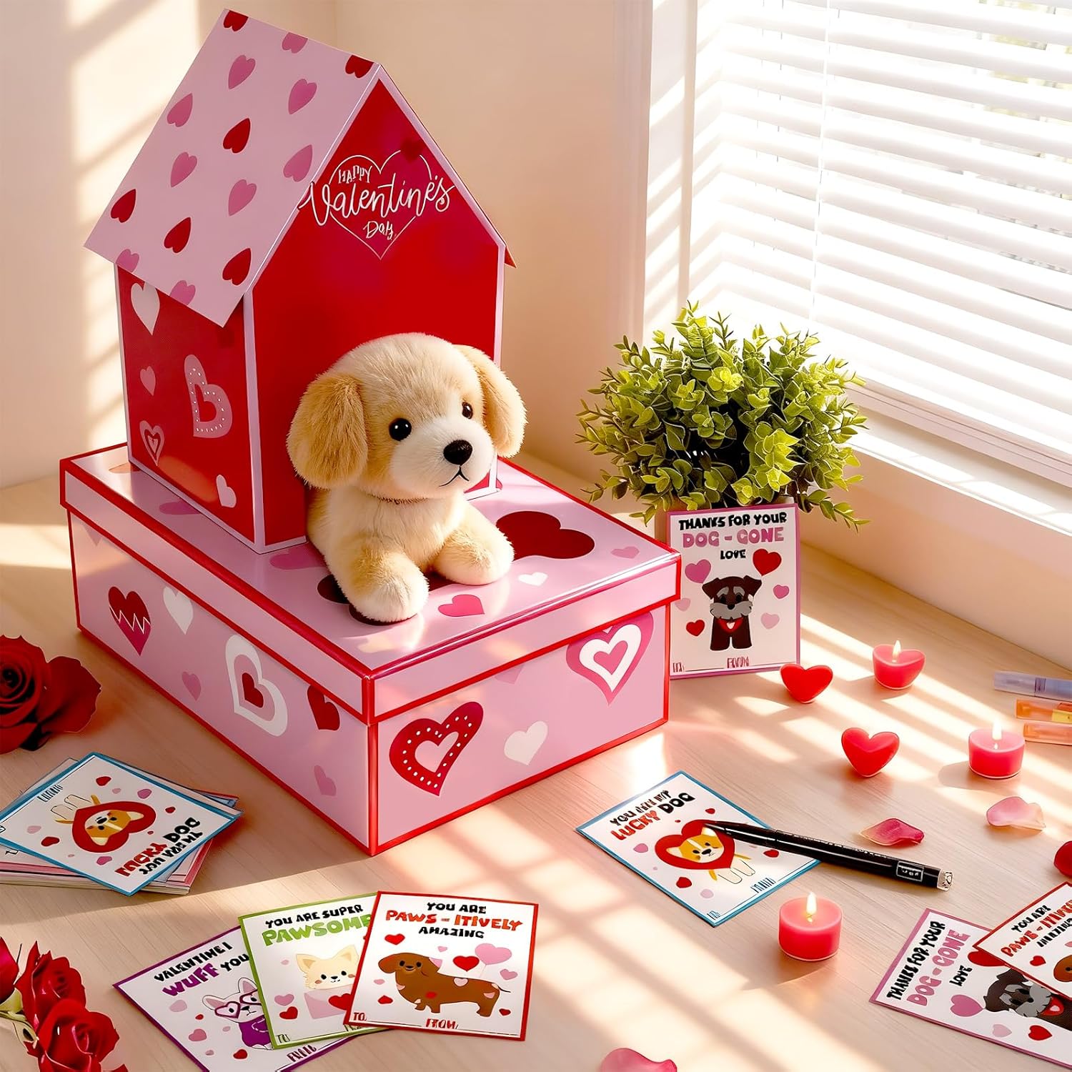 50 PCS Large Valentine's Day Card Box for Kids School Exchange Valentine's Day Dog House Mailbox for Classroom Exchange Valentine Card for Boys Girls Heart Party Favors