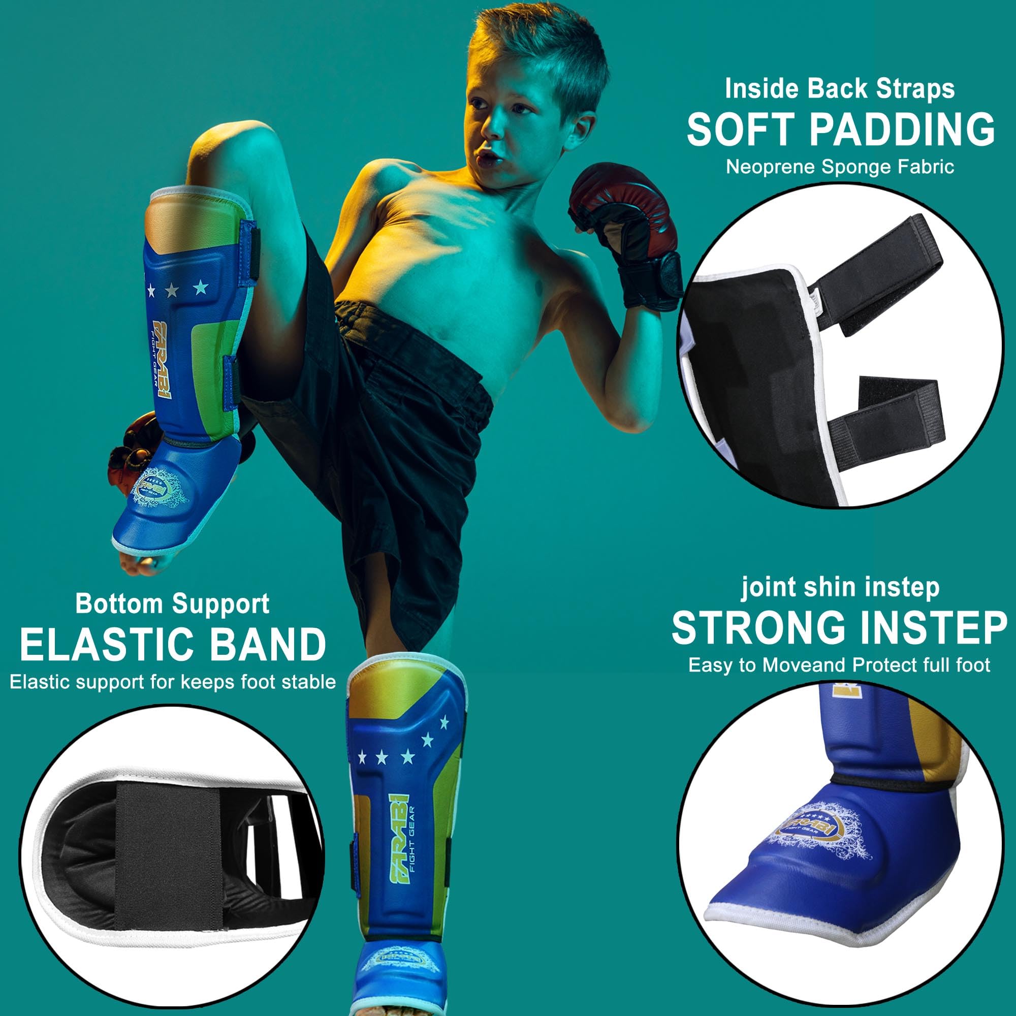 Farabi Sports Enfant Protege Tibia Boxe - protège-Tibias Cou-de-Pied MMA Muay Thai Protege Tibia Kick Boxing Enfant