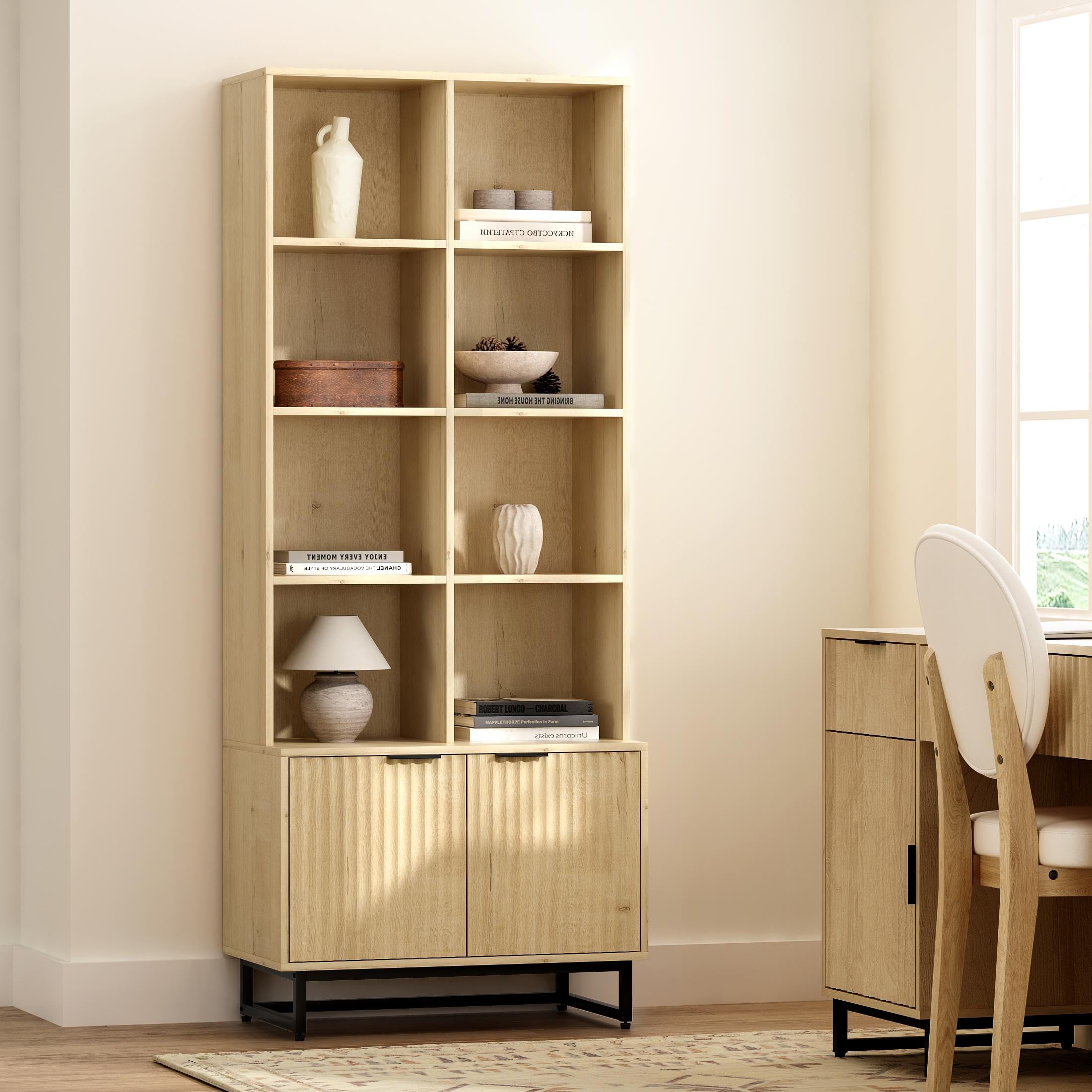 Amazon.com: MoomJiee Fluted Bookshelf with Doors, 71'' Tall Bookcase 6 ...