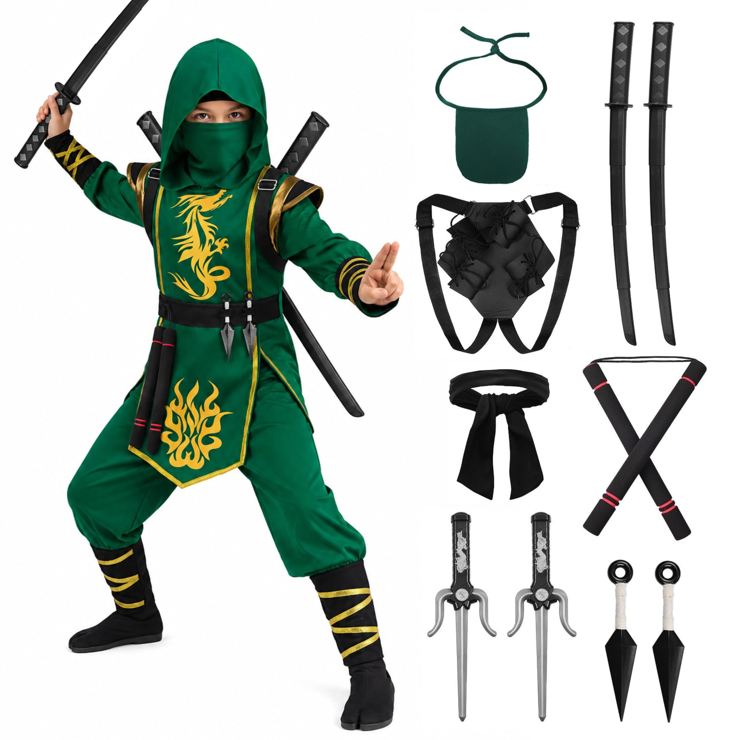 ReliBeauty Costume da ninja verde per bambini con accessori Ninja Deluxe
