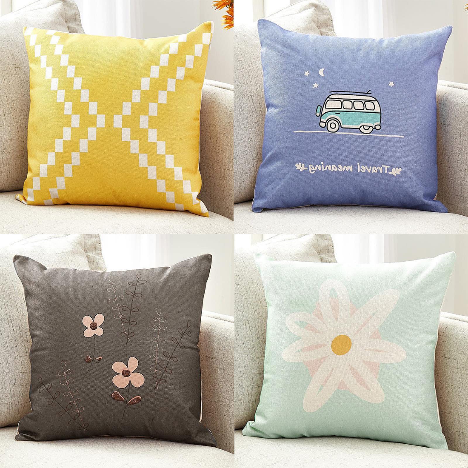 Housse de coussin 65x65cm lot de 4 taies d'oreiller carrées en lin jaune violet