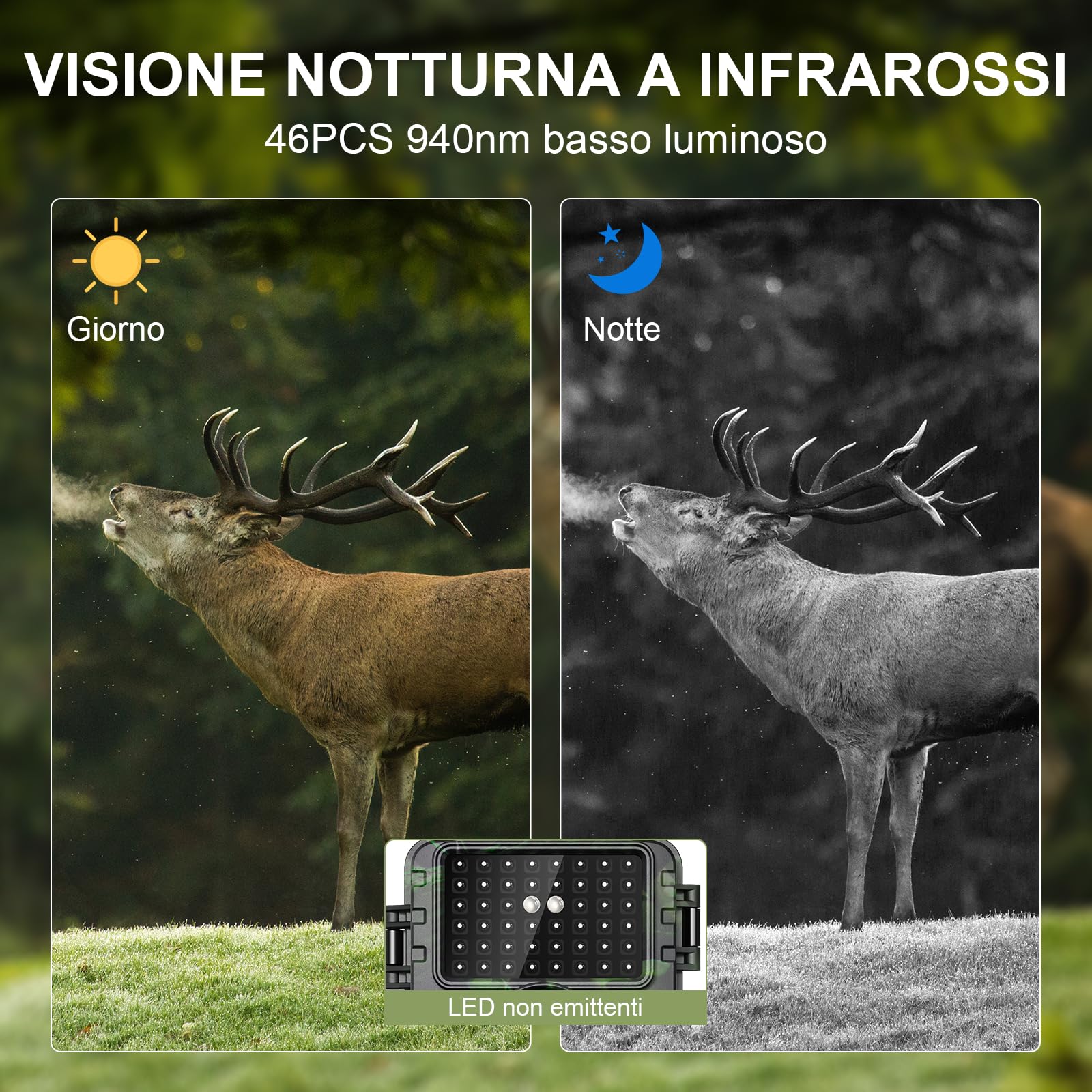 Fototrappola WiFi 4K 60MP con App,Fototrappola Notturna con IR Visione 120 Ultra Grandangolo, Sensore di Movimento visione nottuma, fotocamera termica, caccia, 0,2s, 940nm,bassa luminosità, infrarossi