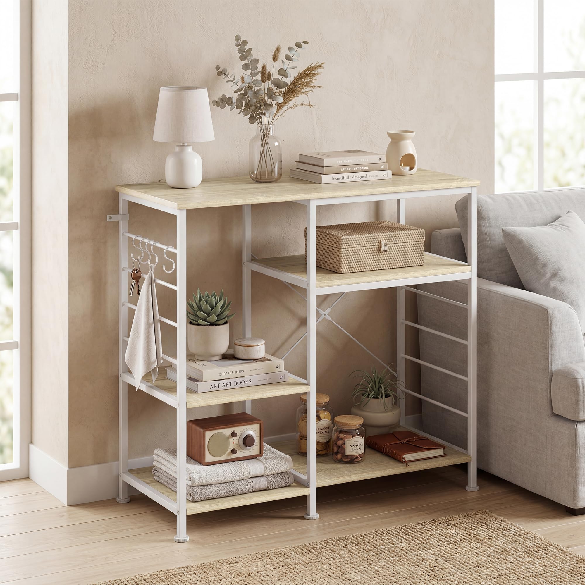 HOMCOM Scaffale Cucina con Ripiani, Scaffale Portaoggetti Salvaspazio in Legno e Metallo con 5 Ganci a S e Piedini Regolabili, per Spezie, Pentole e Padelle, 90x39x83.5 cm, Rovere