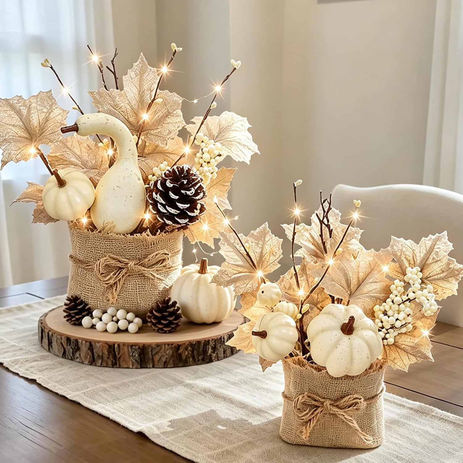 [Light & Timer] Fall Decor 2 Pack Fall Table Centerpieces with 20 LED Tabletop Maple Tree Pumpkin Pinecone Berry Branch Arrangement, Fall Decorations for Home Kitchen Halloween Thanksgiving