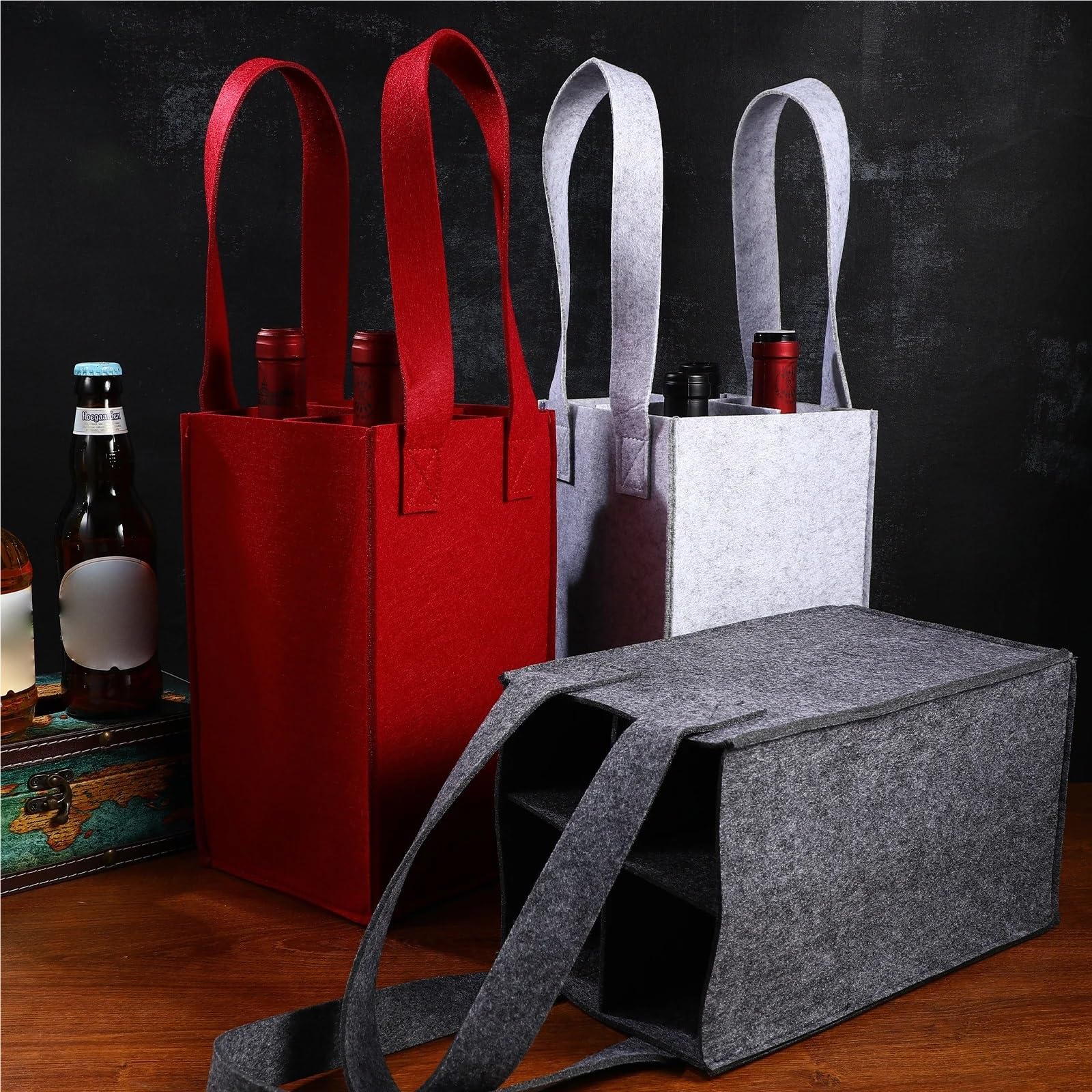 flaschentasche Weinfilztasche, 3 Stück, Tragetaschen, rot, mit Trennwänden, Flaschenschutz for Thanksgiving, wiederverwendbar