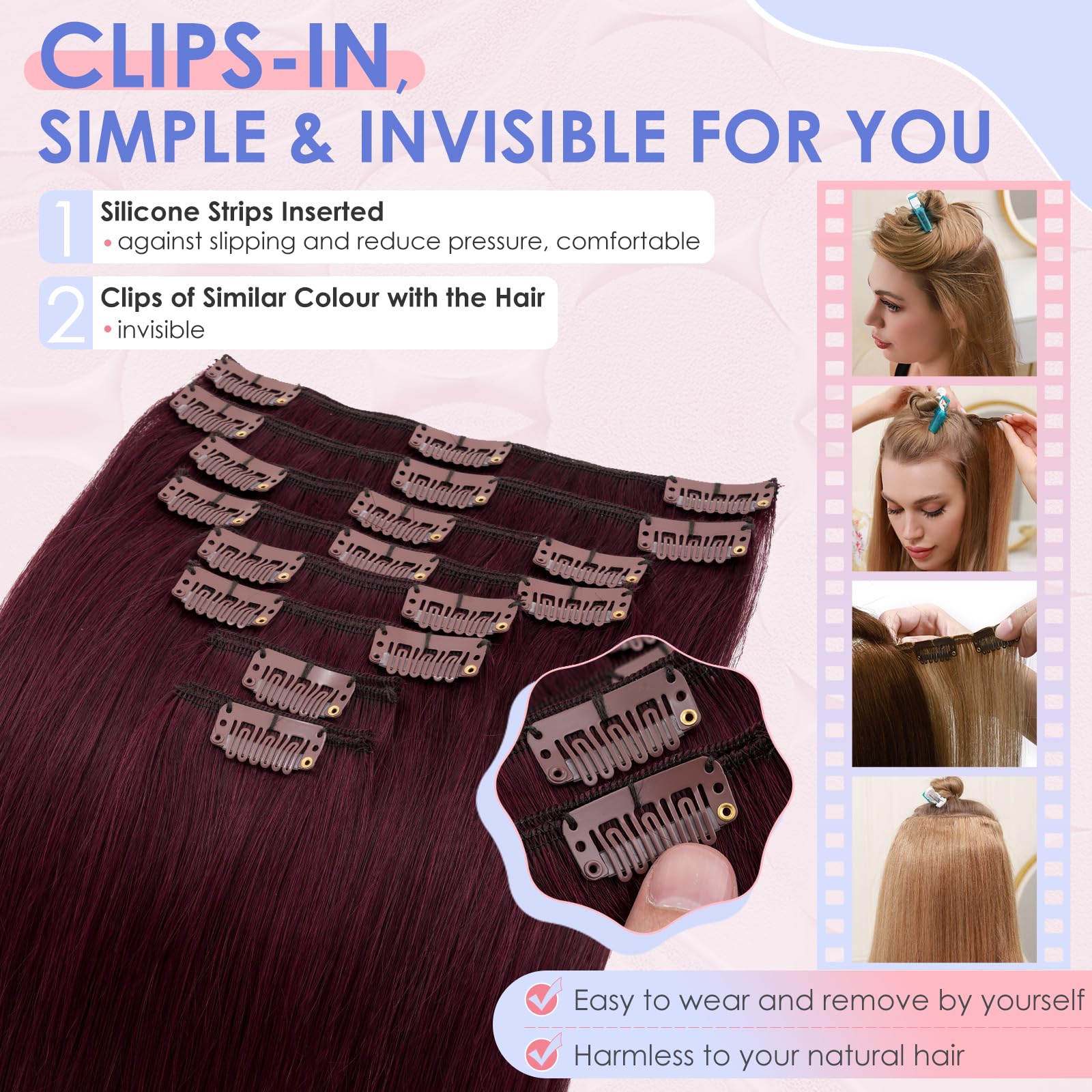 Elailite Clip in Hair Extensions Real Human Hair 8 Pieces Standard Weft Straight - #99J Wine Red - 18 Inch (100 g) - Image 3