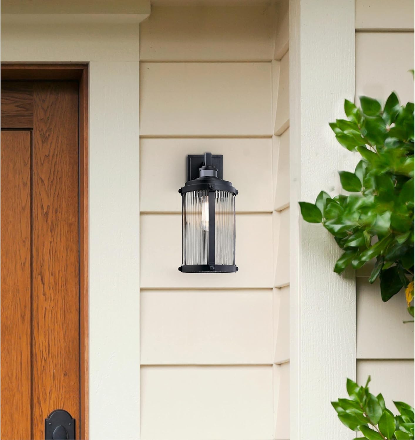 Westinghouse 6120600 Armin Vintage-Style One Light Outdoor Wall Fixture with Motion Sensor, Textured Black Finish, Clear Ribbed Glass