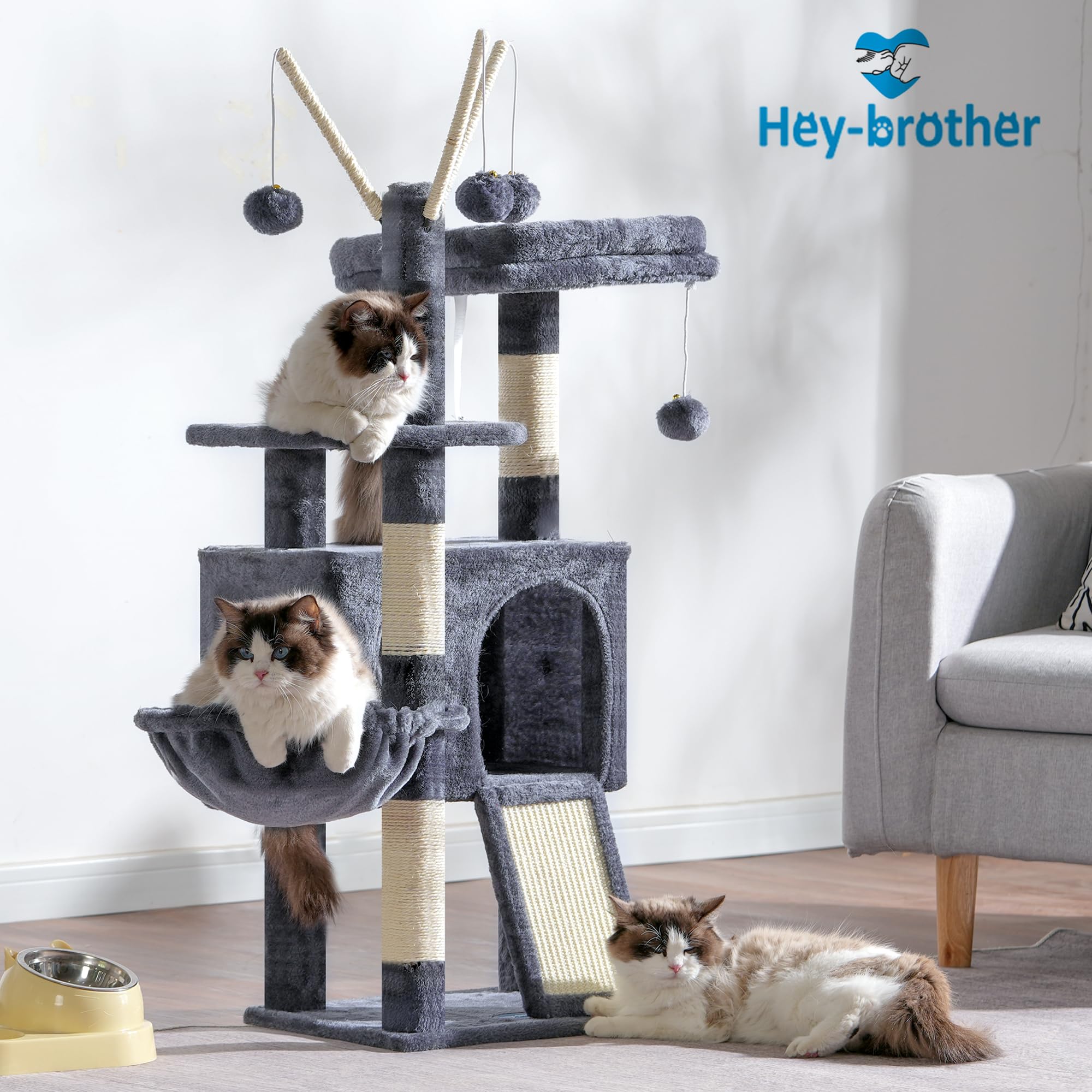 Hey-brother Kratzbaum, 105 cm Klein stabil Katzenbaum mit abnehmbaren Spielzeugen, Höhle, 1 Plattform, 1 Katzenkorb, Sisalkratzplatte und Plüschkugel, geeignet für Kätzchen, Rauchgrau EMPJ008SG