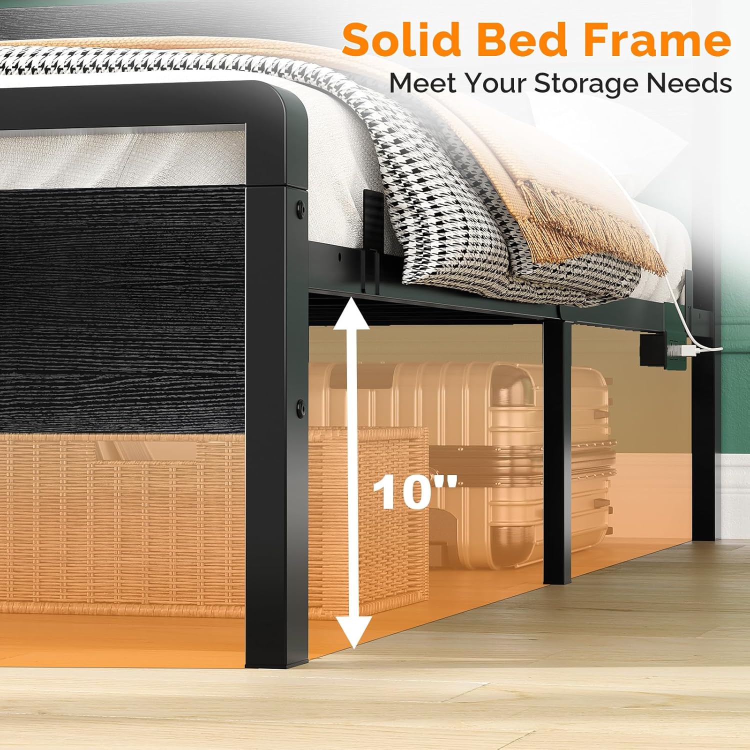 VINGLI Queen Platform Bed Frame with 12-Inch Under-Bed Storage Space, LED Wood Headboard & Footboard, 2 AC 2 USB 1 Type-C Charging Port, Sturdy Metal Noise-Free Design, Modern Apartment Bedroom,Black