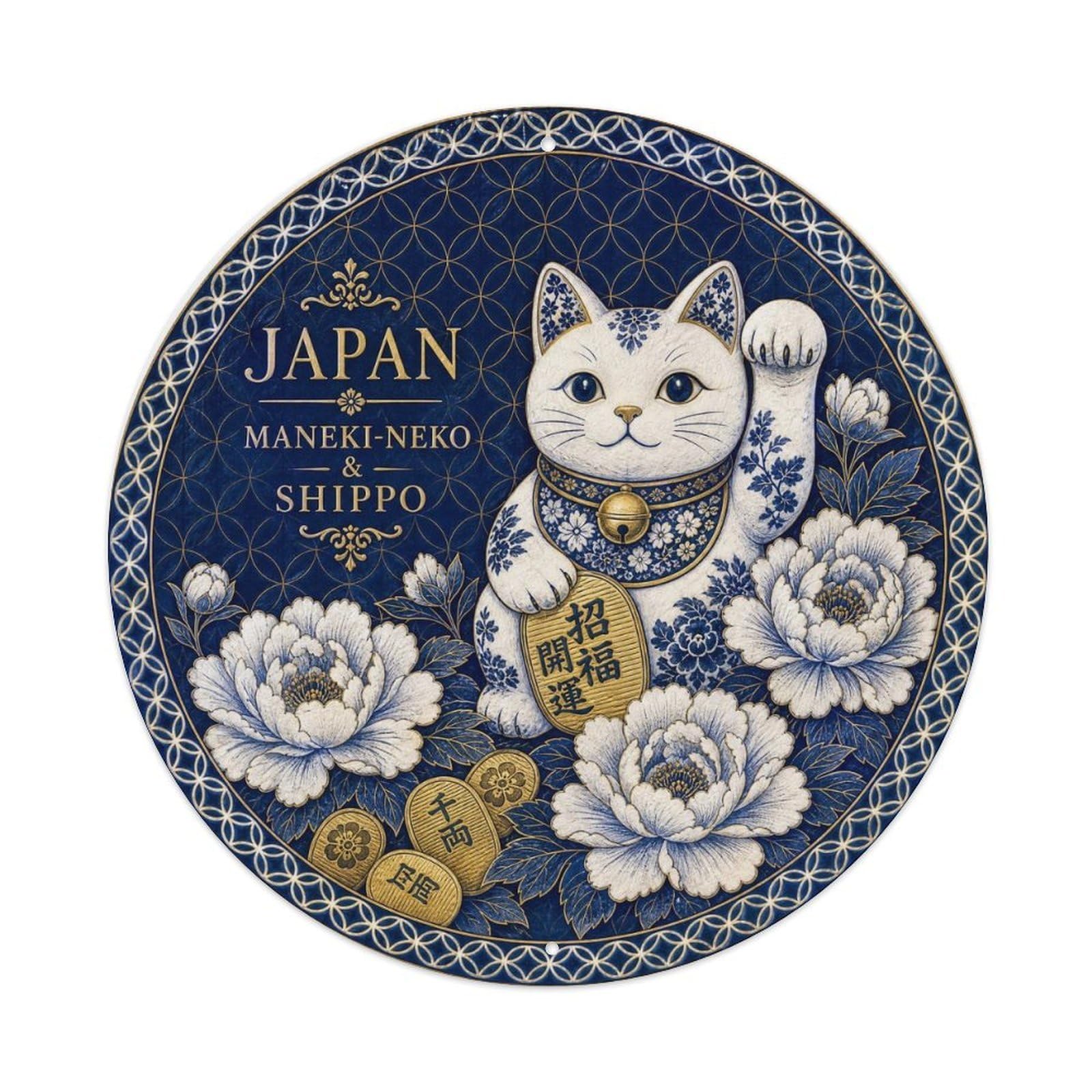 Olyhtr 8X8inch Classic Style Arita Japan Maneki Neko Shippo Ceramic Folk Metal Tin Sign