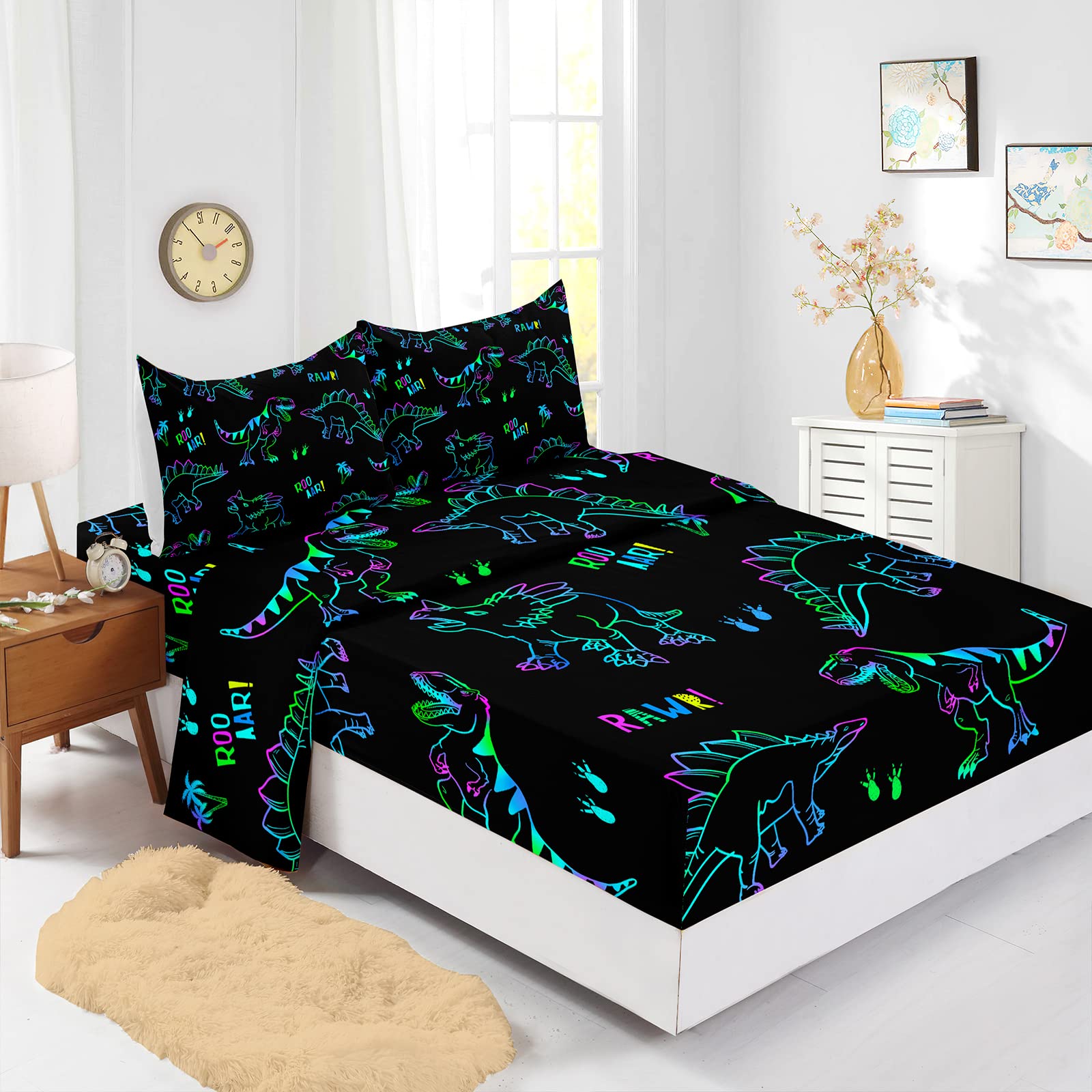 BailiPromise Dinosaur Sheets Full Size for Boys Jurassic Dinosaur Bedding Sheet Set Dino Kids Bed Sheets Set with Pillowcases Fitted Sheet Flat Sheet Deep Pocket 100% Microfiber