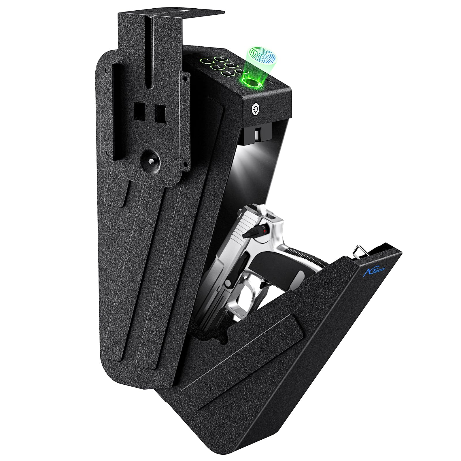 Image showing the NGTeco gun safe made of 1.5mm SPCC alloy steel, highlighting its robust construction.
