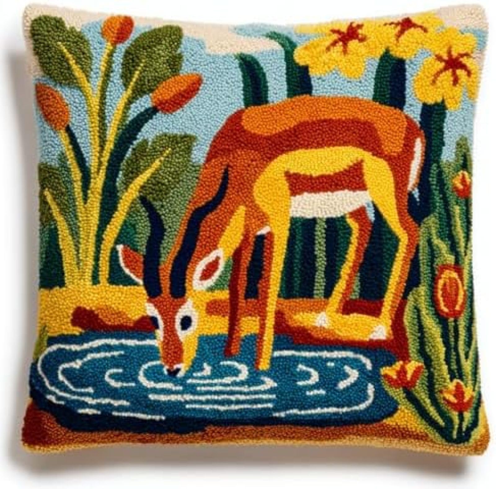 kitphoenix DIY Latch Hook Cushion Cover Kit for Adults Beginners,Antelope Drinking At Waterhole,Pre-Printed Canvas with Yarn and Hook,43x43 cm Handmade Home Décor Craft Set