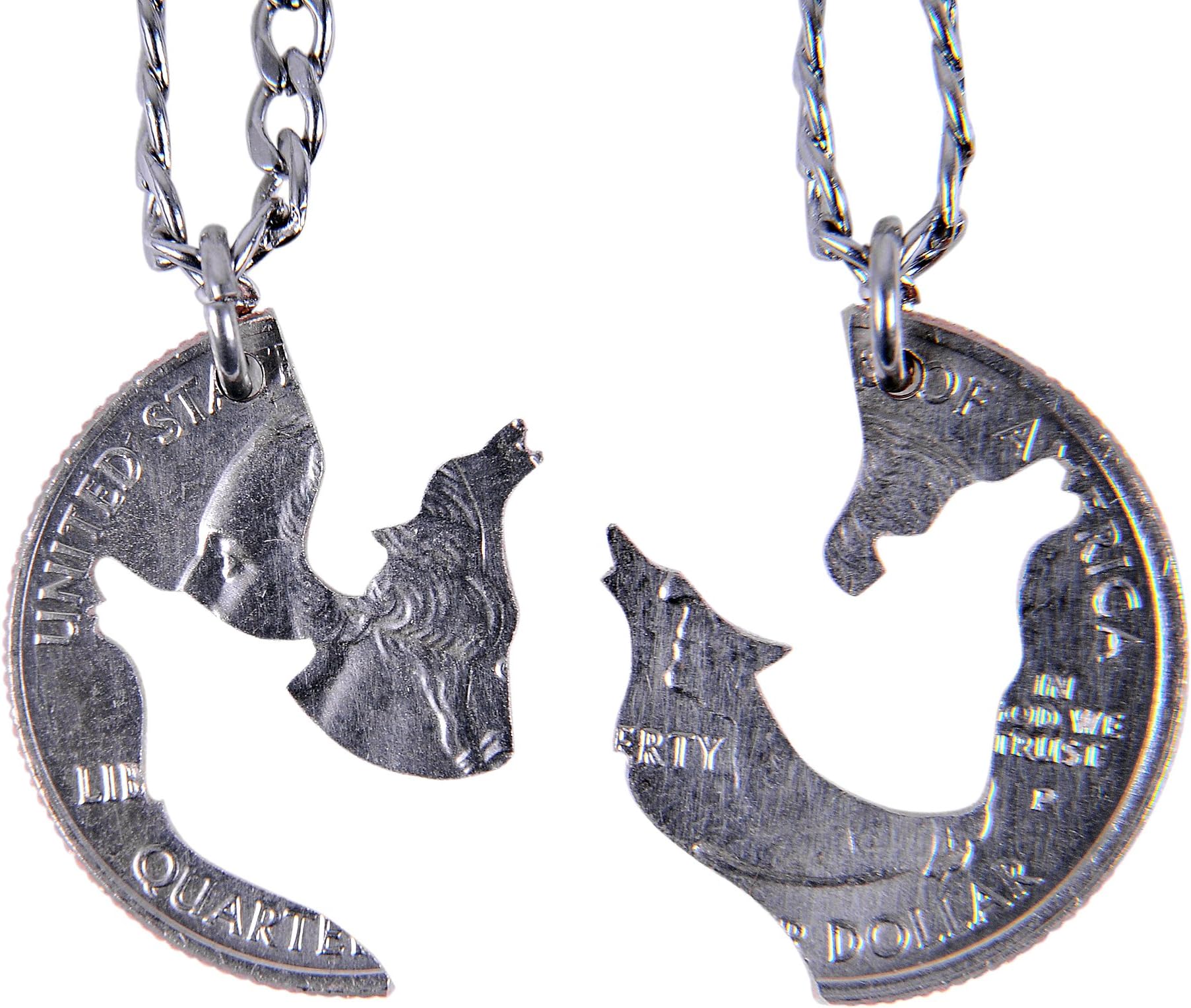 MarycraftsHand Cut Coin Wolf Necklace Howling Wolves Best Friend Necklaces for 2