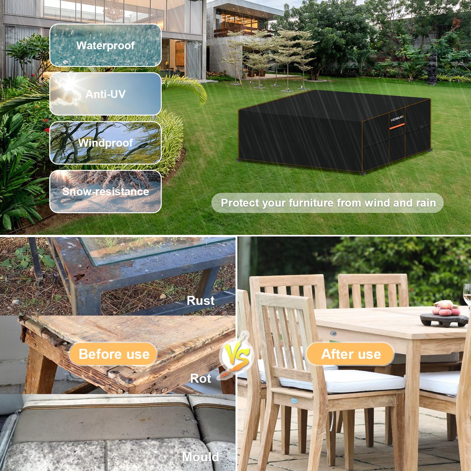 Funda Exterior Muebles Jardín, 300x200x90cm Funda Mesa Jardin 420D Tela Oxford Cubre Muebles Exterior Impermeable Anti-UV, Cubierta de Mesa Exterior Fundas para Mesa y Sillas de Jardin
