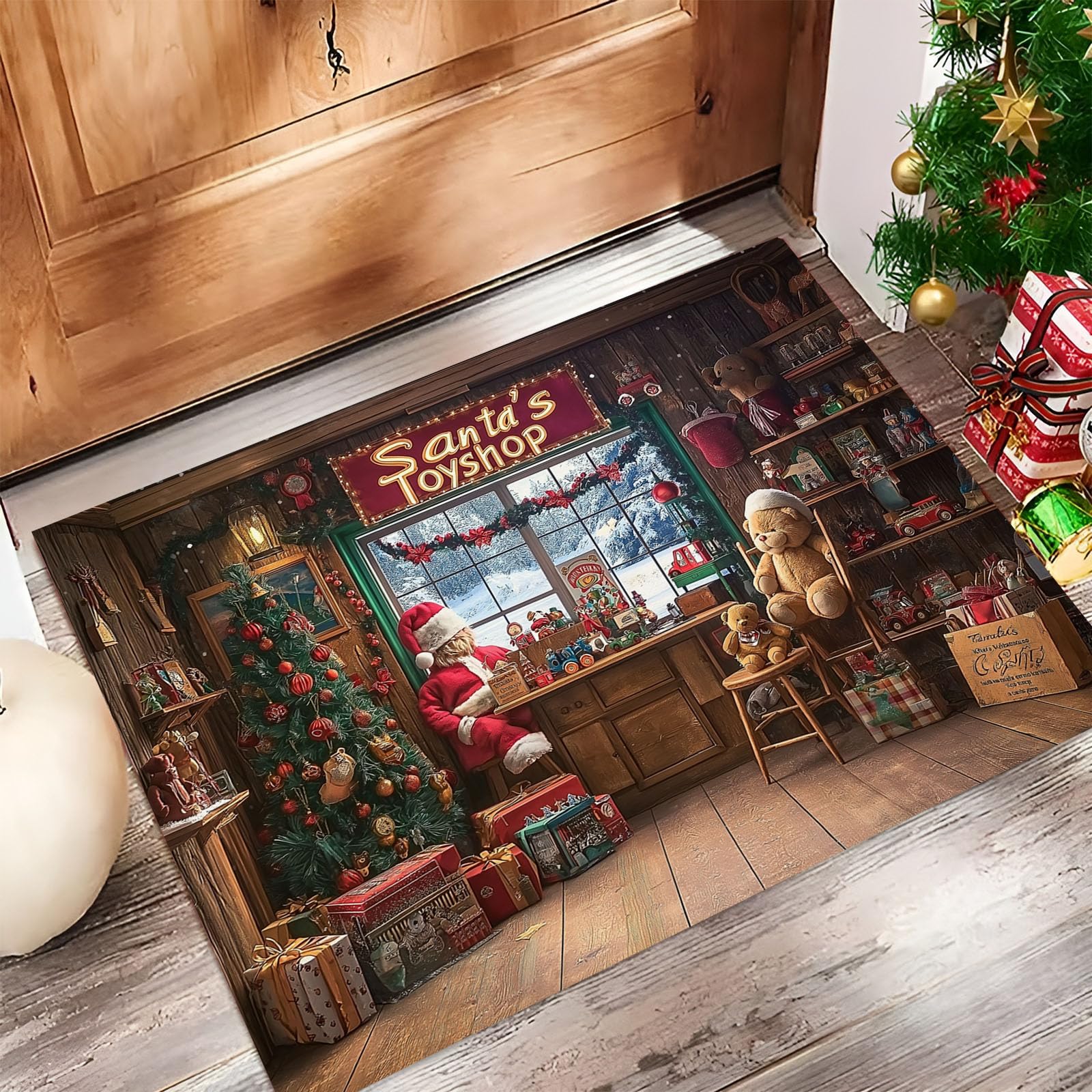 Tapis de Noël intérieur magasin de jouets brun pour entrée de maison
