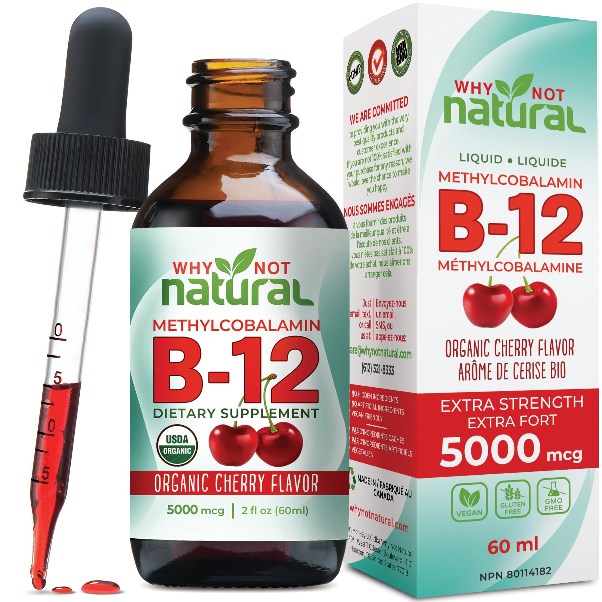 Organic Vitamin B12 Liquid - Sublingual Extra Strength 60 x 5000 mcg Drops, Methylcobalamin, Natural Cherry Flavor, Vegan, Maximize Absorption and Energy