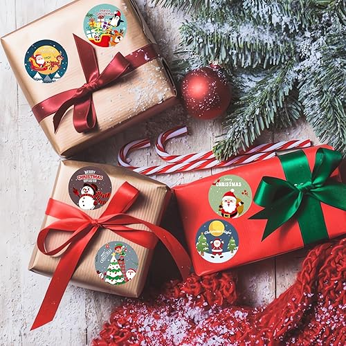 Miniatura 6 de Etiquetas adhesivas de Navidad de 1.5 pulgadas, 500 unidades de 8 diseños de calcomanías de rollo de Navidad, muñeco de nieve, Papá Noel, reno,