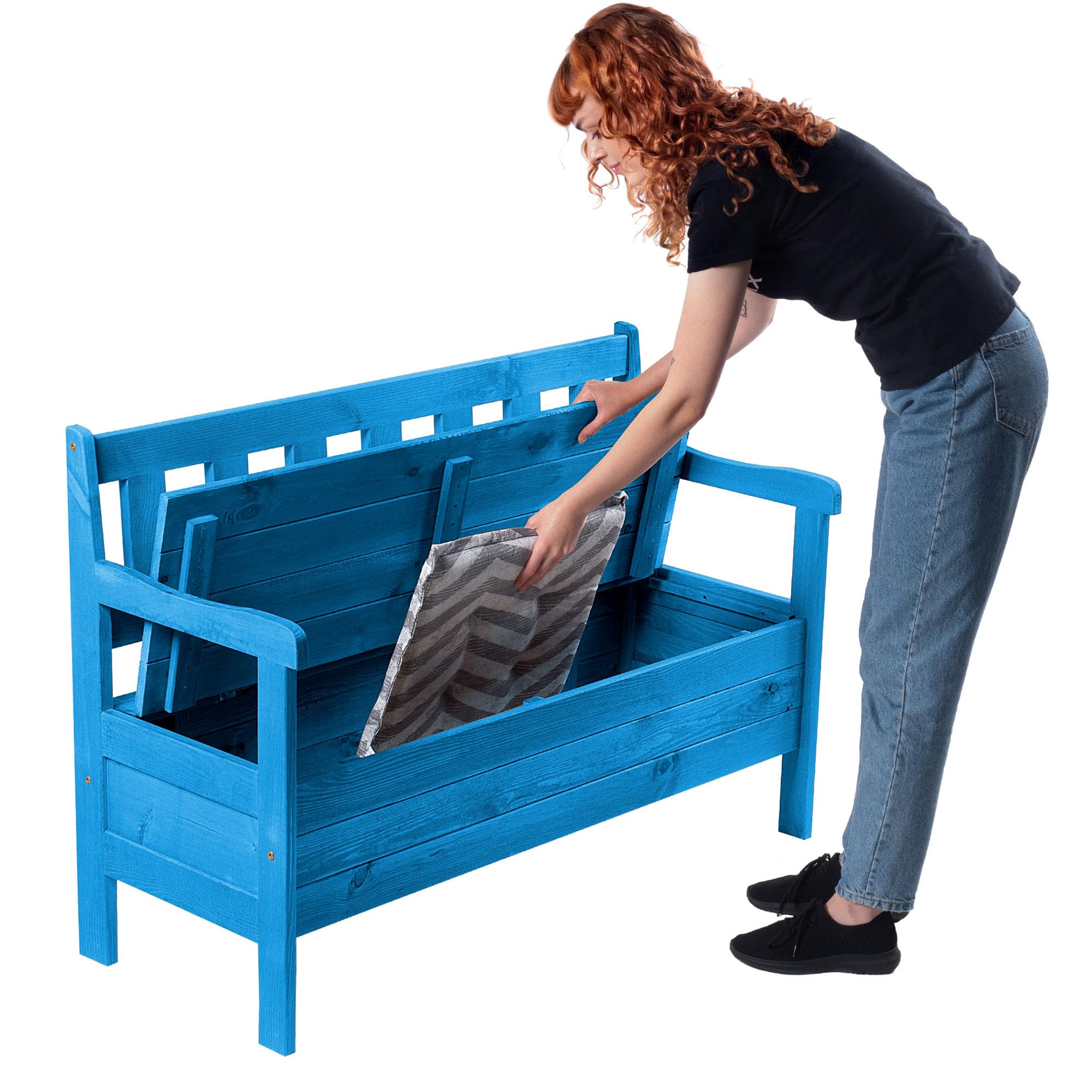 KADAX Panchina da giardino, 119 x 43 x 75 cm, cassapanca in legno con vano portaoggetti e schienale, resistente alle intemperie, per giardino, balcone (Blu)