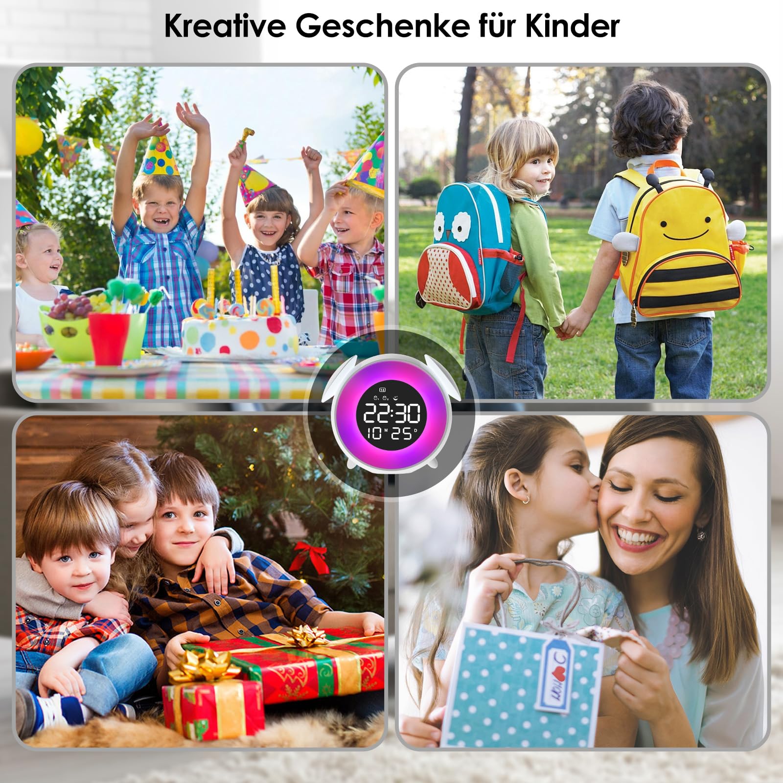 Wecker Kinder Digital, Kinderwecker Schlaftrainer, LED Digitaluhr mit Doppelalarm, 10 Farblichten, Snooze, Werktagsmodus, 7 Klingeltöne, 12/24Std, Lichtwecker Für Mädchen Jungen