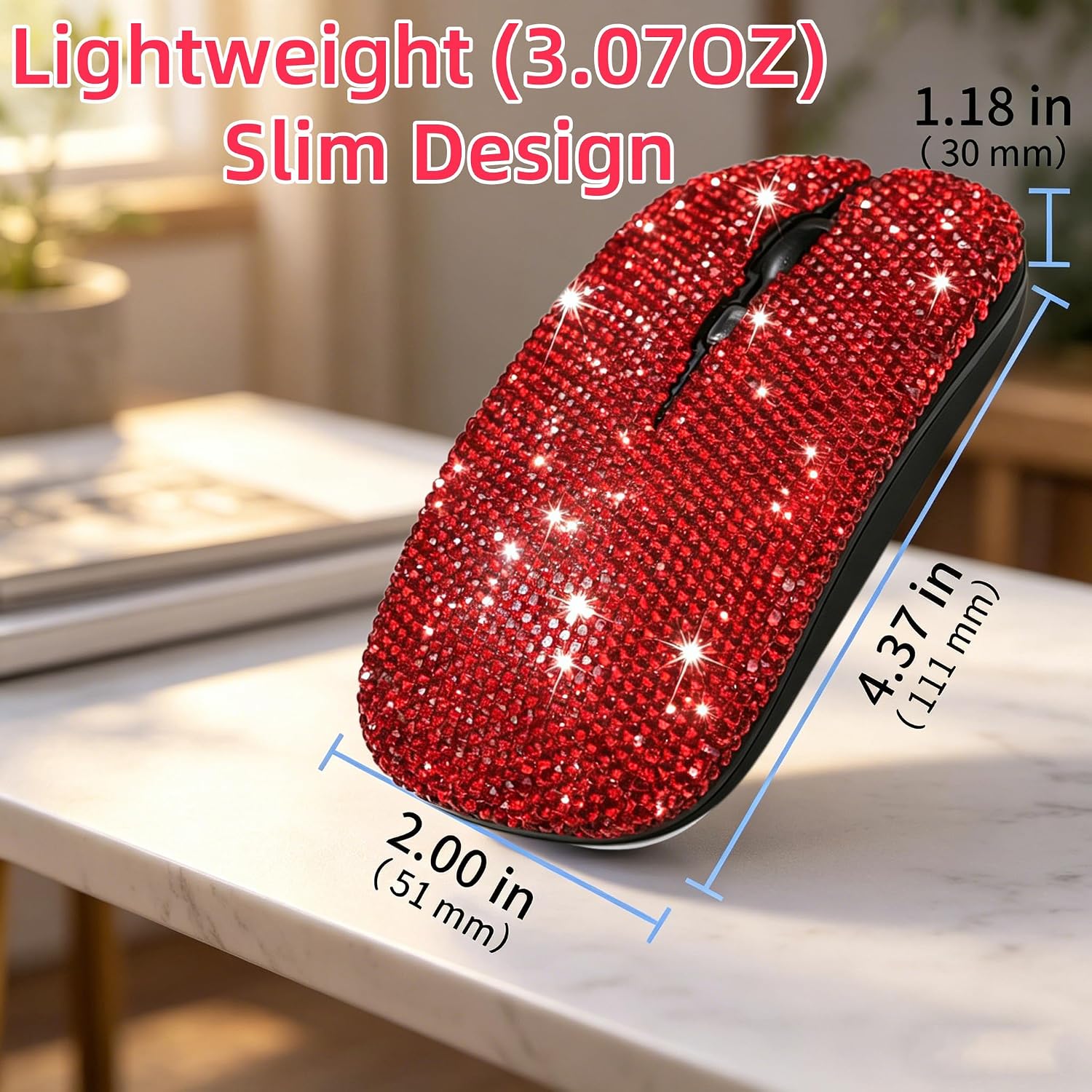 Wireless Mouse Bluetooth,Cute Bling Crystal Rhinestone Rechargeable Silent Slim Dual Mode Portable Red USB Mouse for Laptop PC Computer MacBook Office Travel,Gift for Student Teen Girl Women Mother