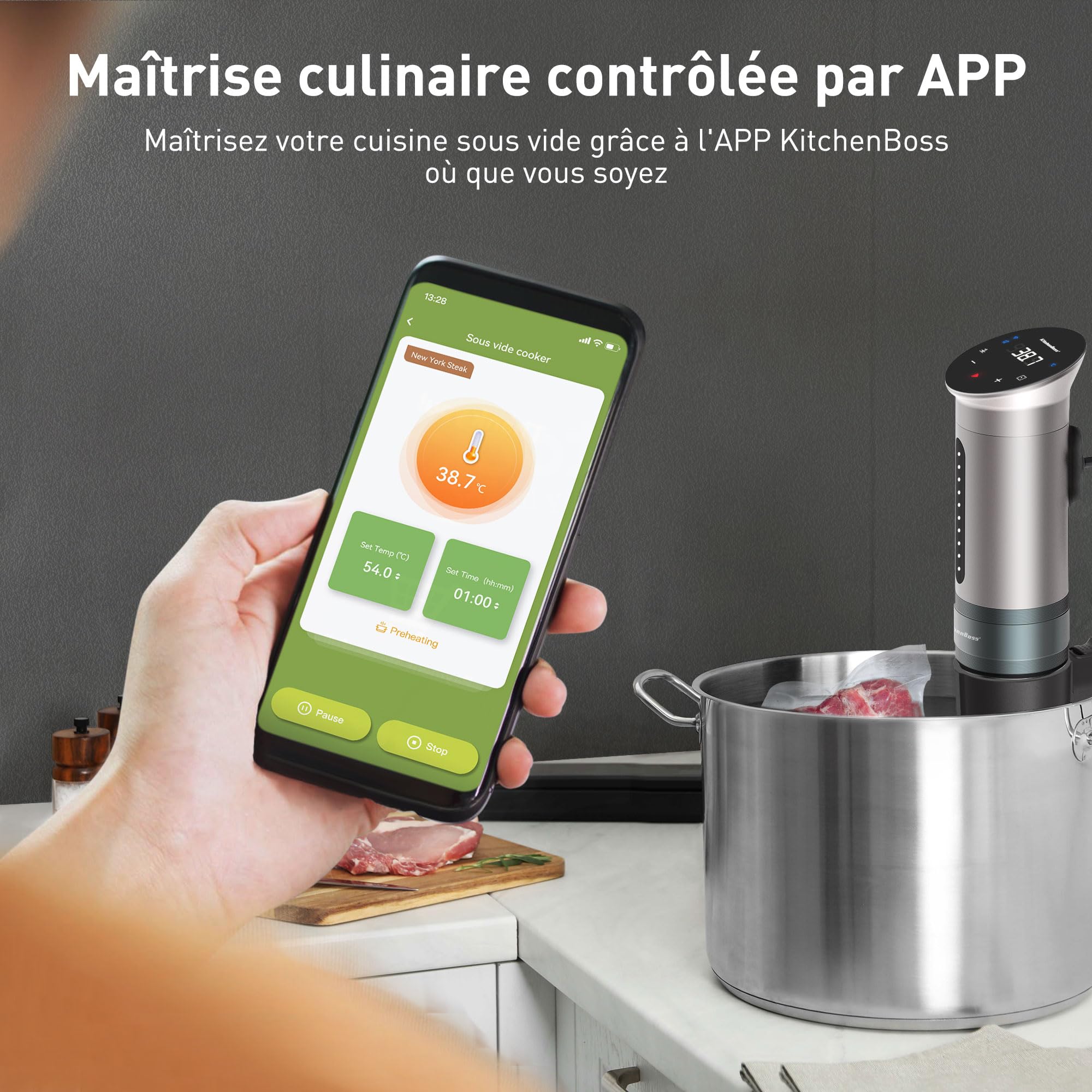 KitchenBoss Thermoplongeur Wi-Fi Cuisson Sous Vide: 1100W Cuiseur Sous Vide IPX7 Imperméable à l'eau d'Immersion de Cuisinière Thermostat Réglable LED Thermo Plongeur