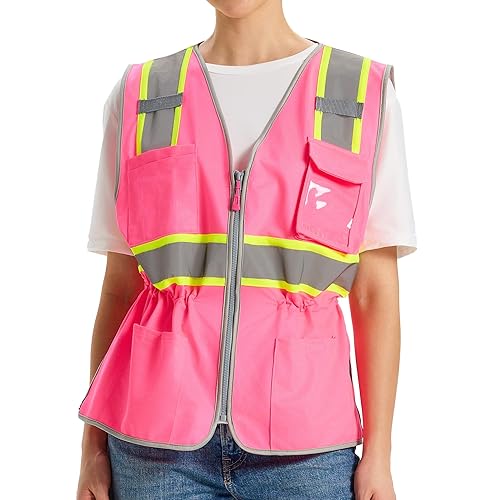 Miniatura 7 de Hi Vis - Chaleco de seguridad para mujer, chaleco de construcción con cordón en la cintura con bolsillos y cremallera, chaleco de seguridad para