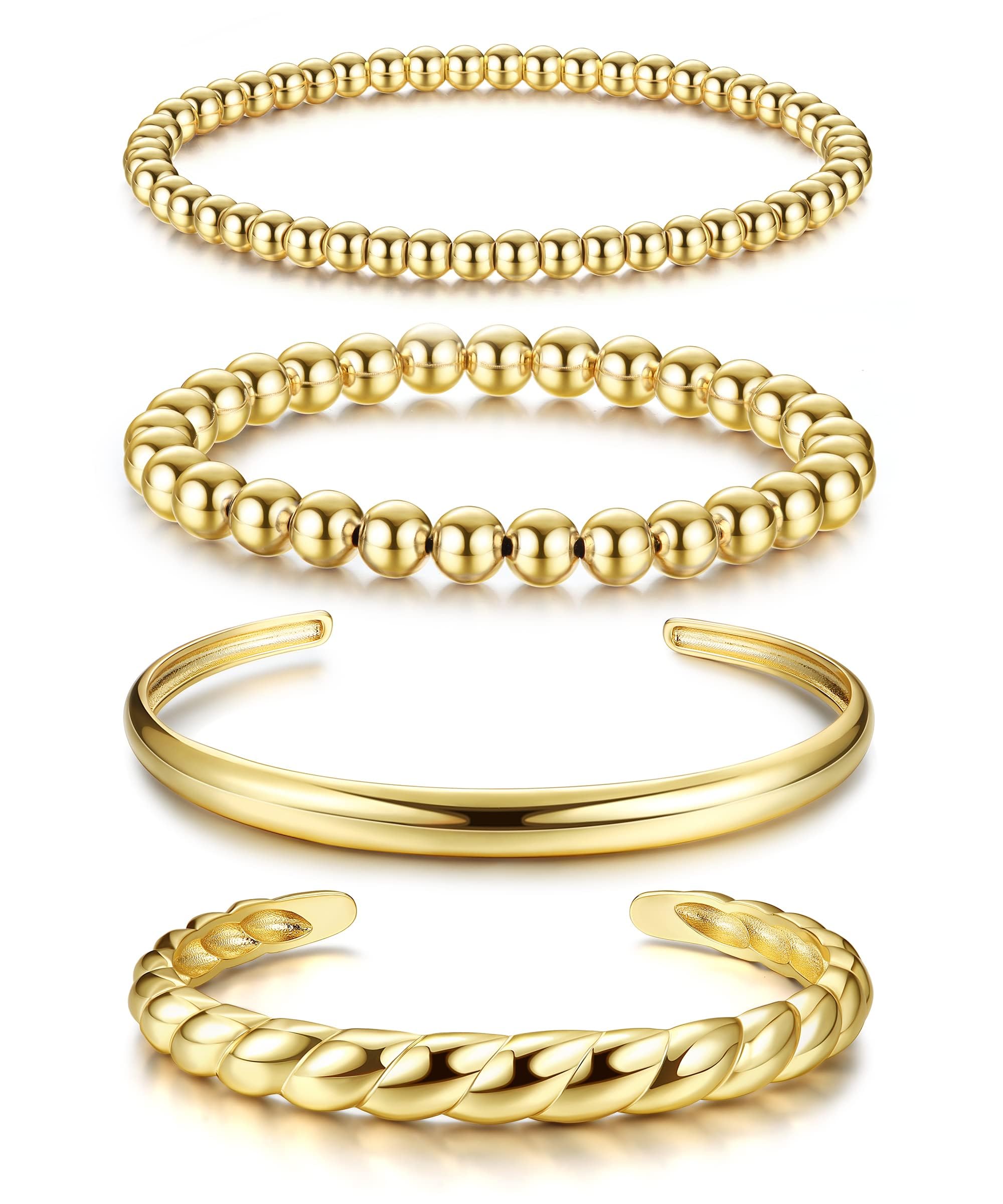 BESTEEL4Pcs Gold Bracelets for Women Girls 14K Gold Plated Link Bracelet Cuff Bracelet Bead Ball Bracelet Twisted Chunky Bangle Bracelet Gold Stackable Bracelets Set