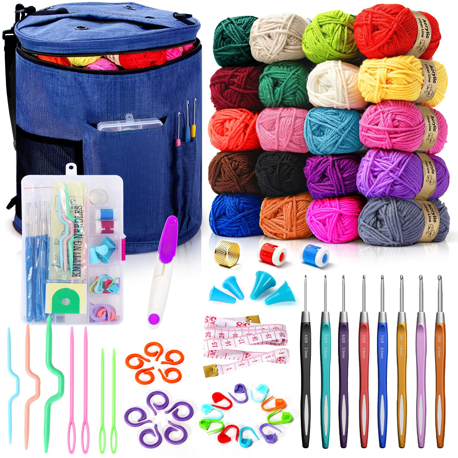 75 Pezzi Kit di Filo per Crochet, Grande Borsa Maglia, 20 Colori di Lana, Set Completo con Accessori per Crochet Borsa Filati, Incluso Uncinetto, Marcatore di Punte, Righello, Kit per Principianti
